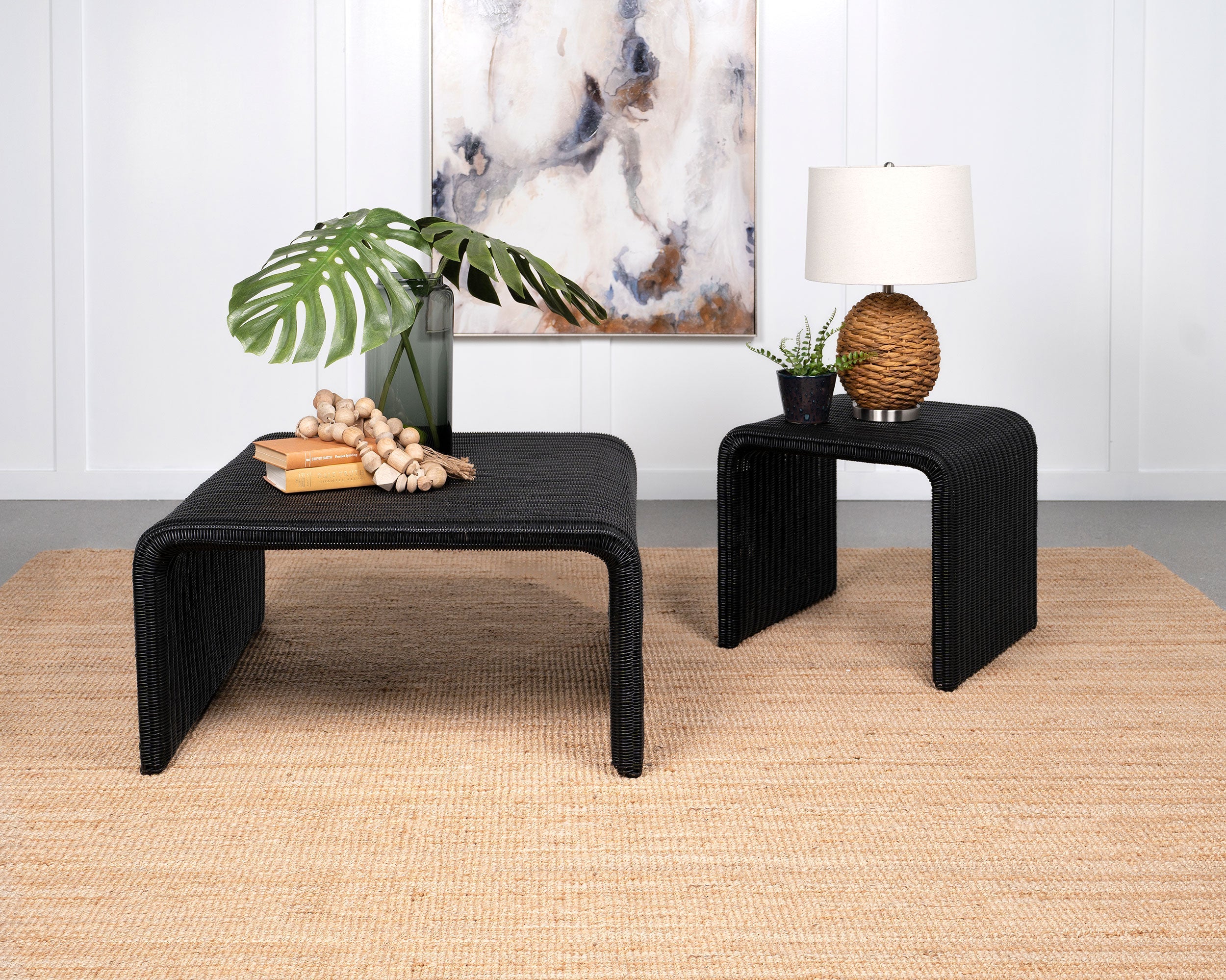 Cahya Rattan Coffee and End Table Set Black