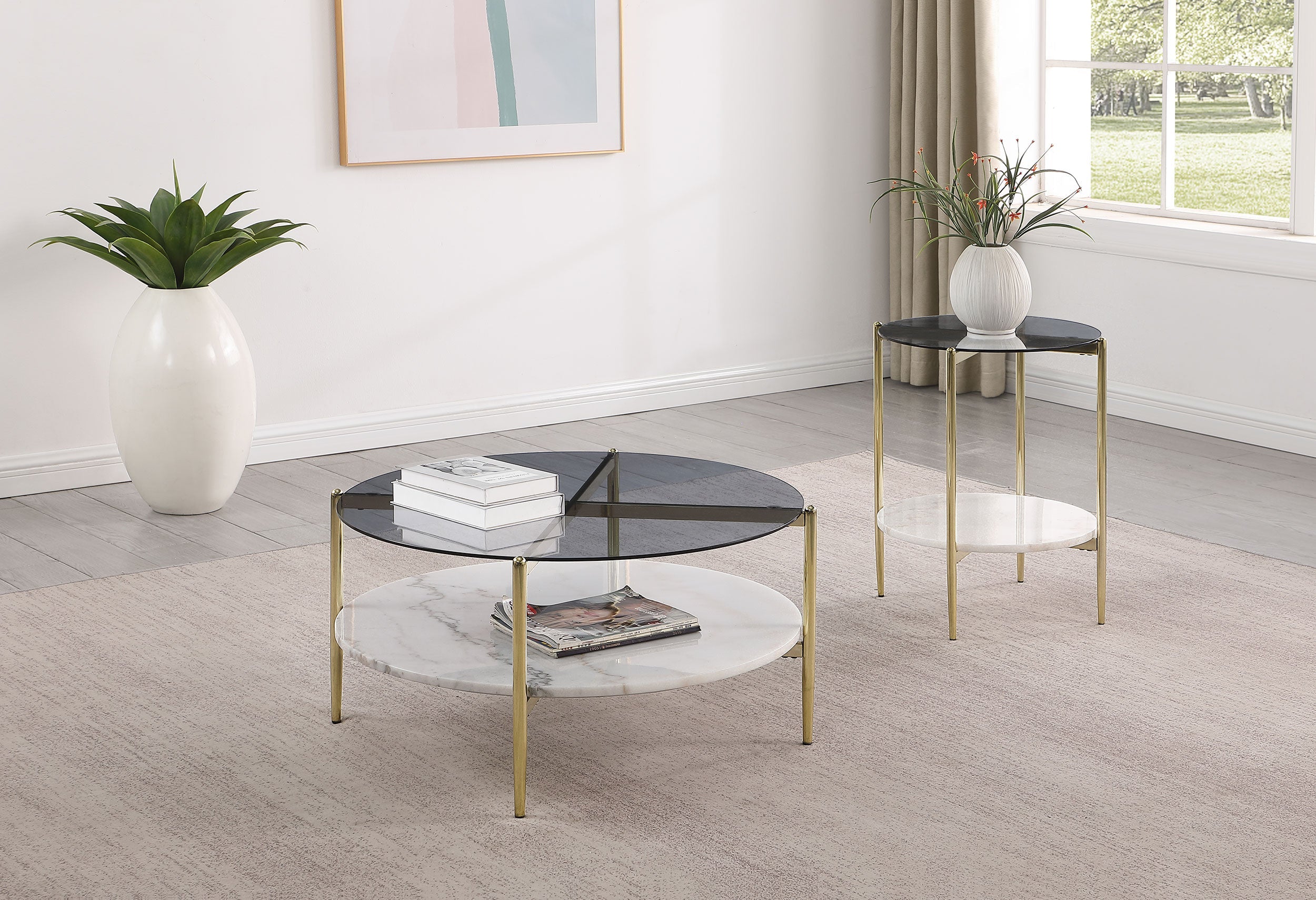 Jonelle Round Coffee and End Table Set Gold