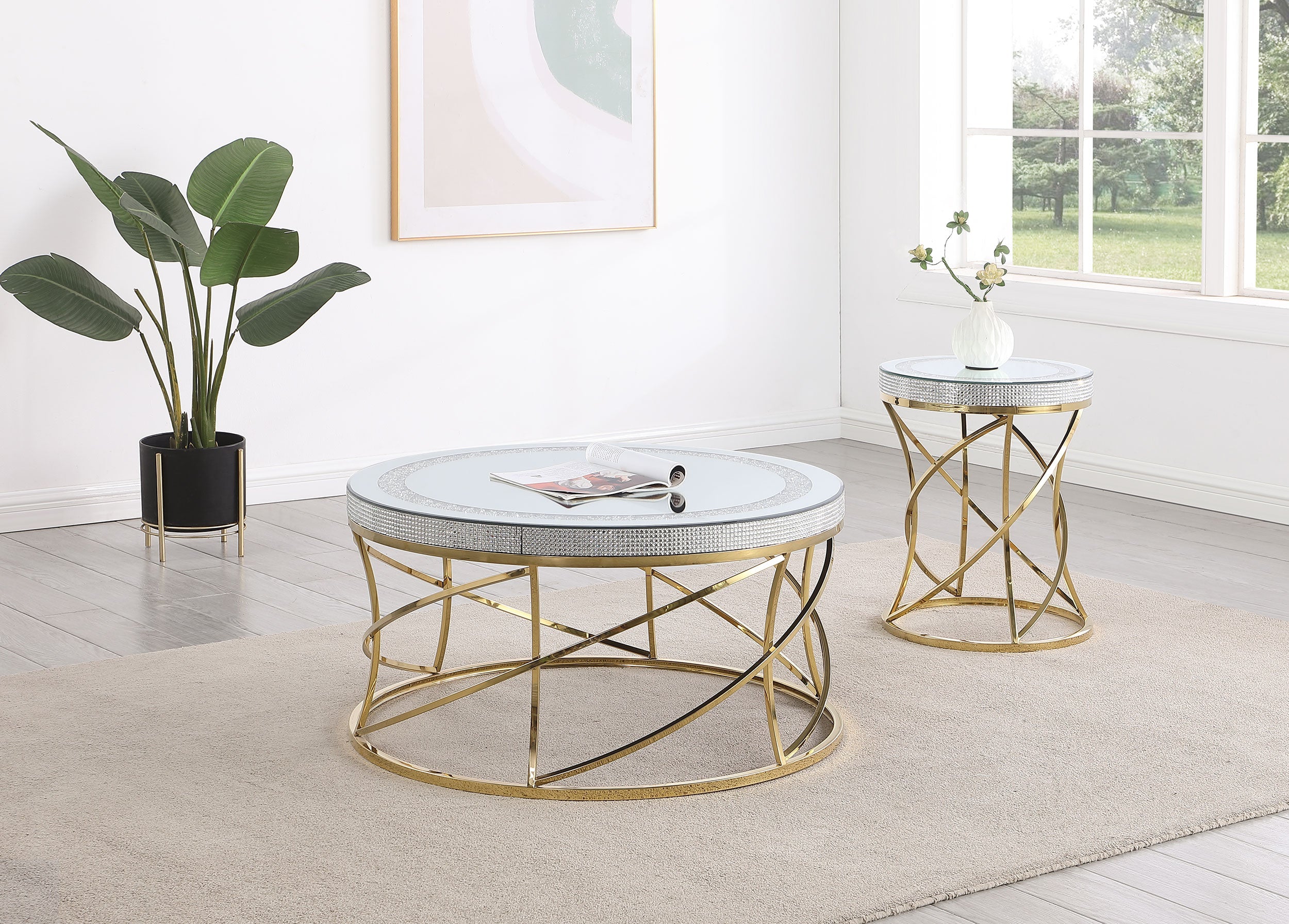 Elise Round Mirror Top Coffee and End Table Set Gold