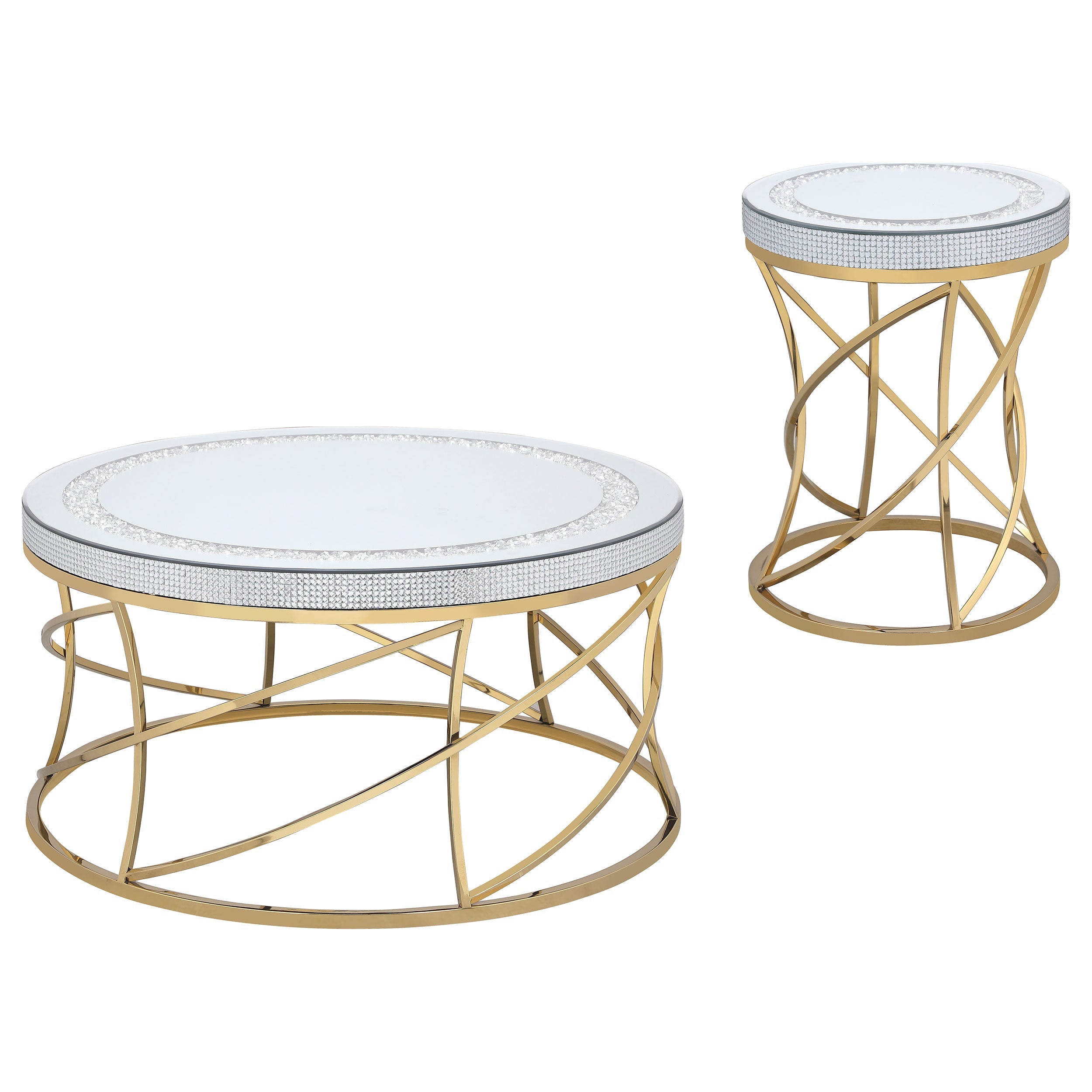 Elise Round Mirror Top Coffee and End Table Set Gold
