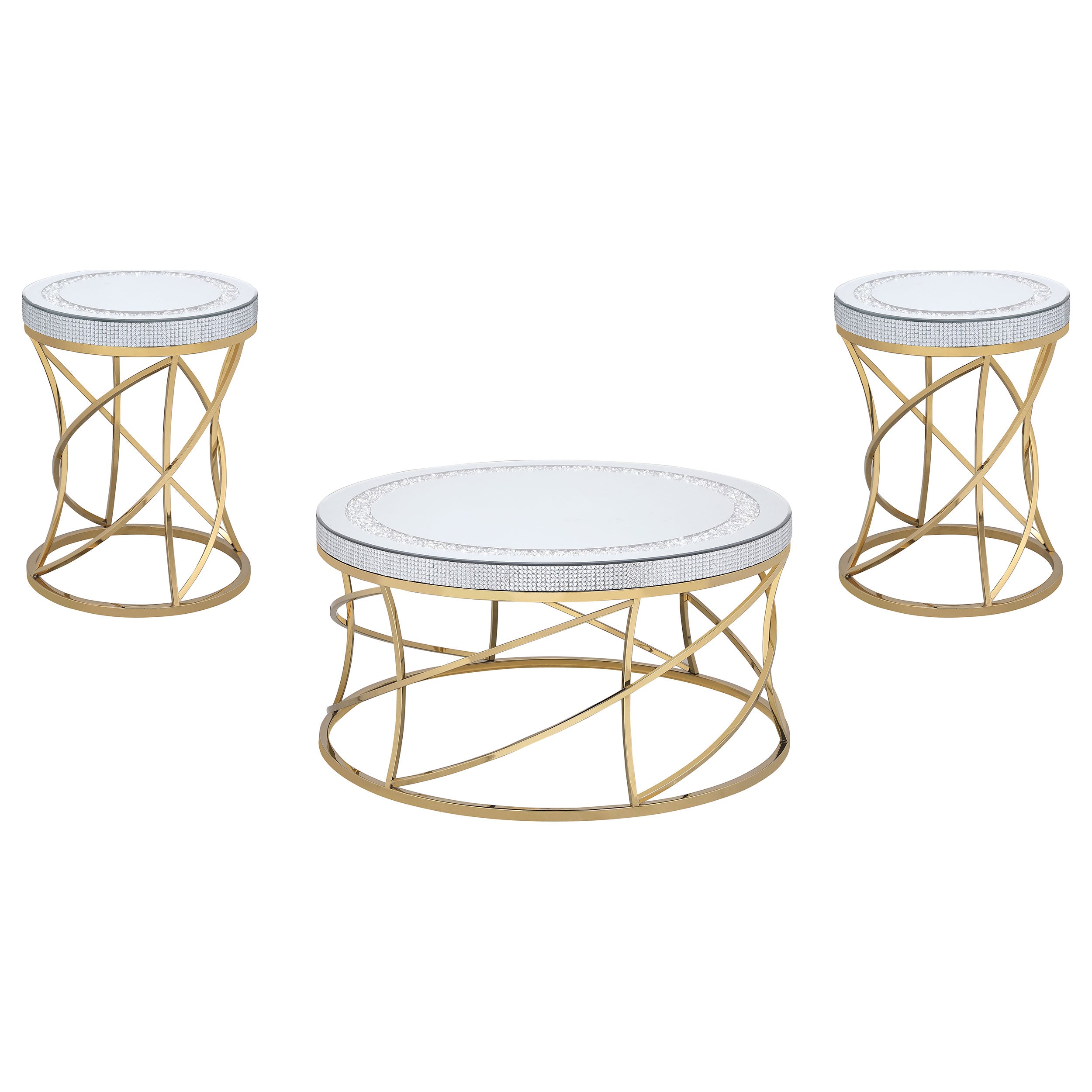 Elise Round Mirror Top Coffee and End Table Set Gold