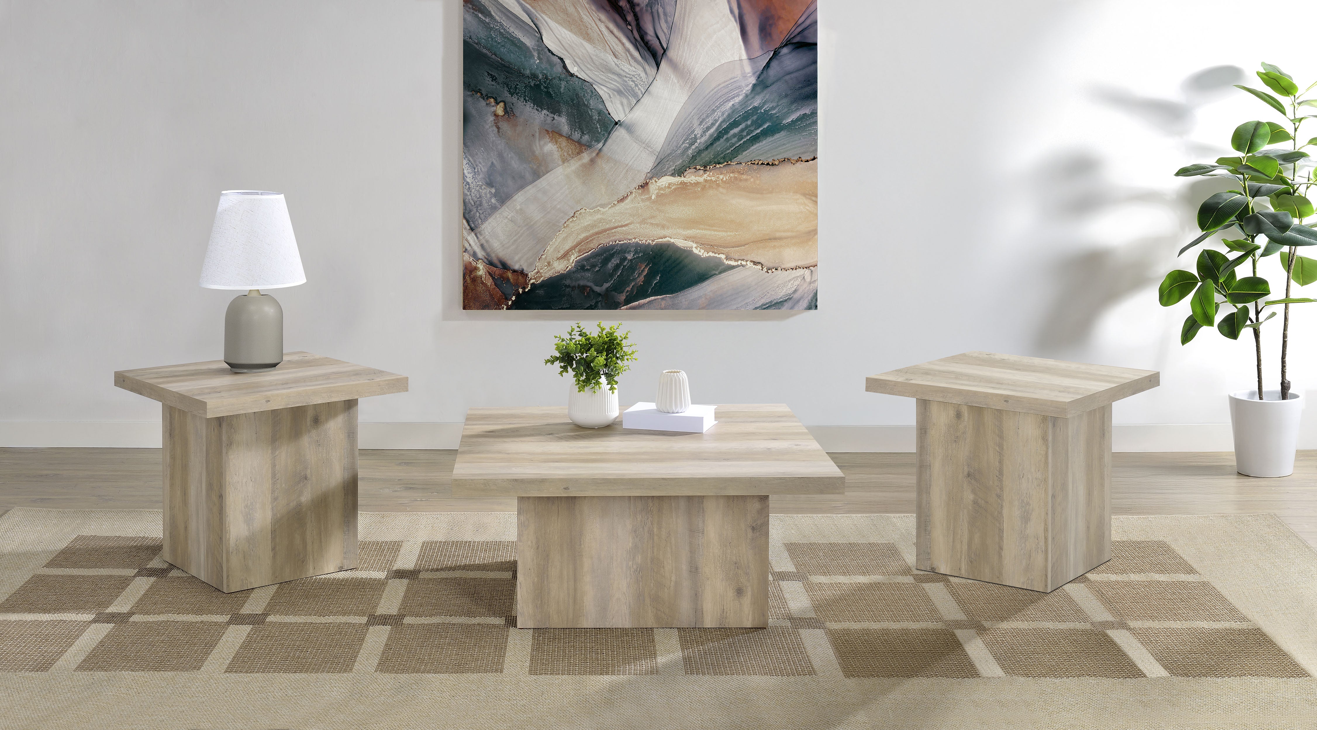 Devar Square Coffee End Table Set Distressed Pine