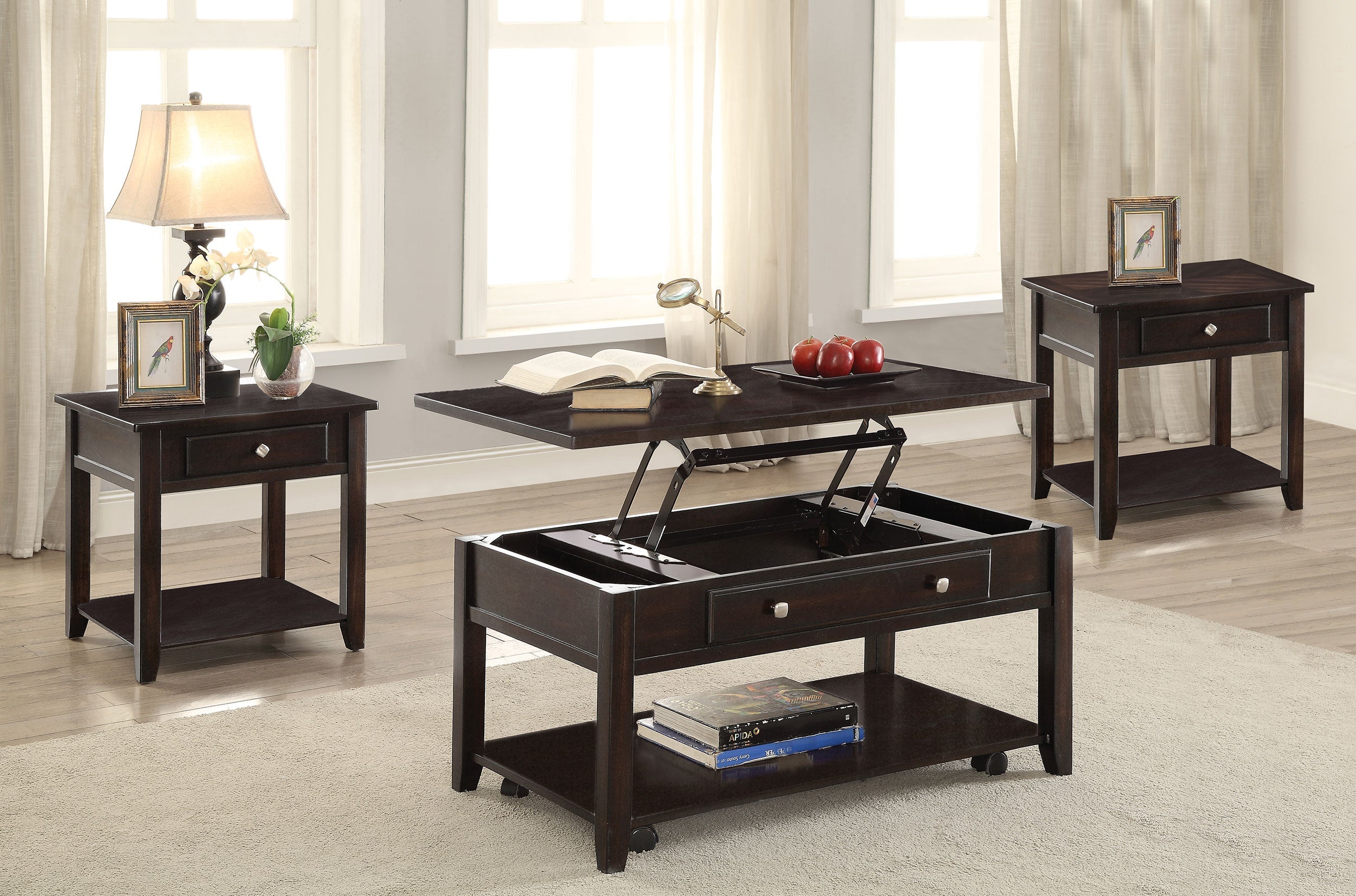 Bradford Lift Top Coffee and End Table Set Walnut