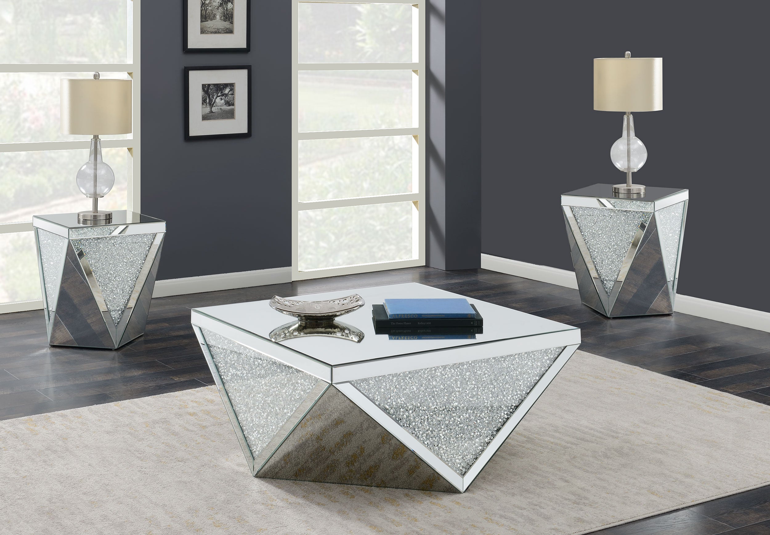 Amore Mirrored Coffee and End Table Set Silver