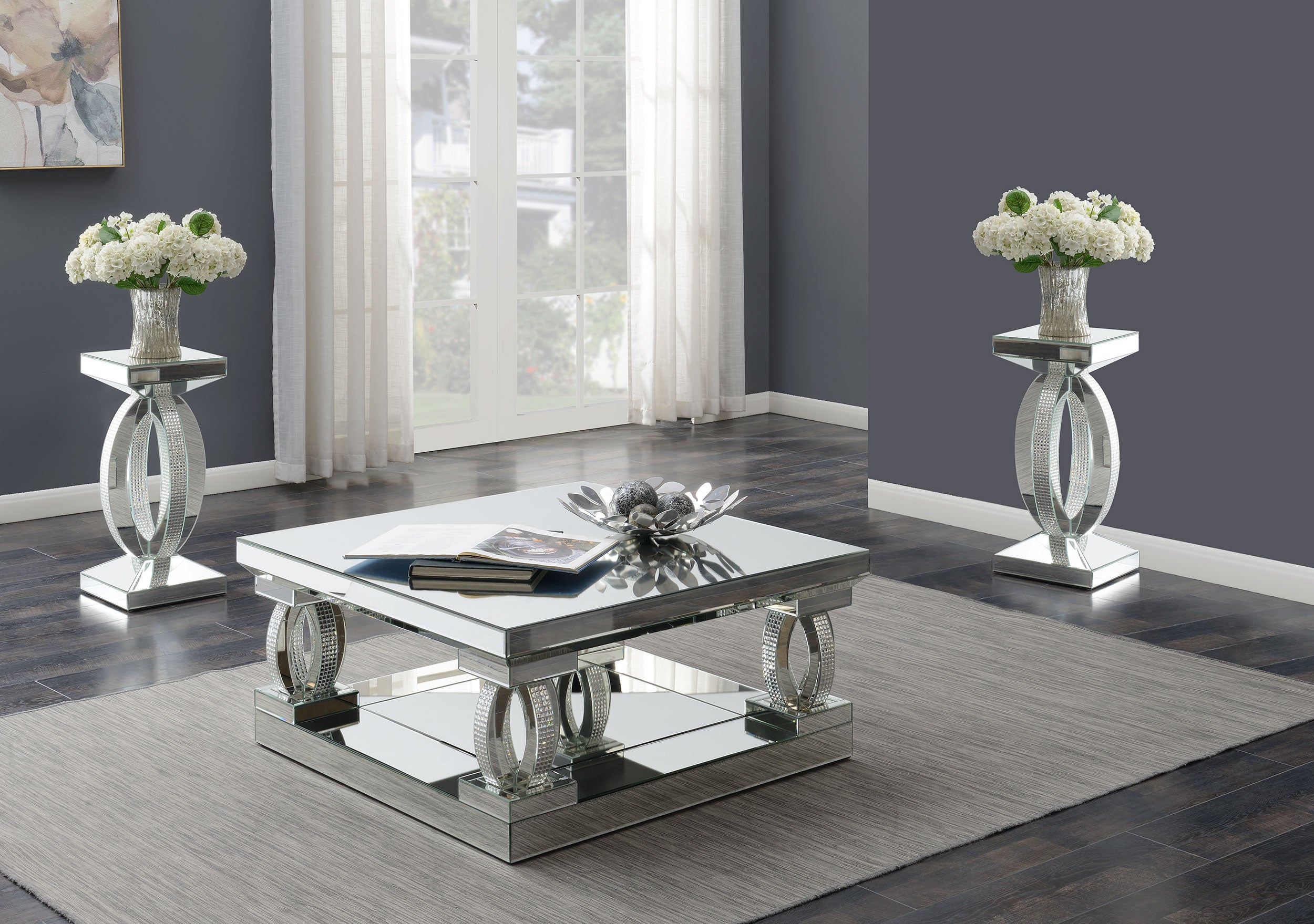 Amalia  Mirrored Coffee and End Table Set Silver