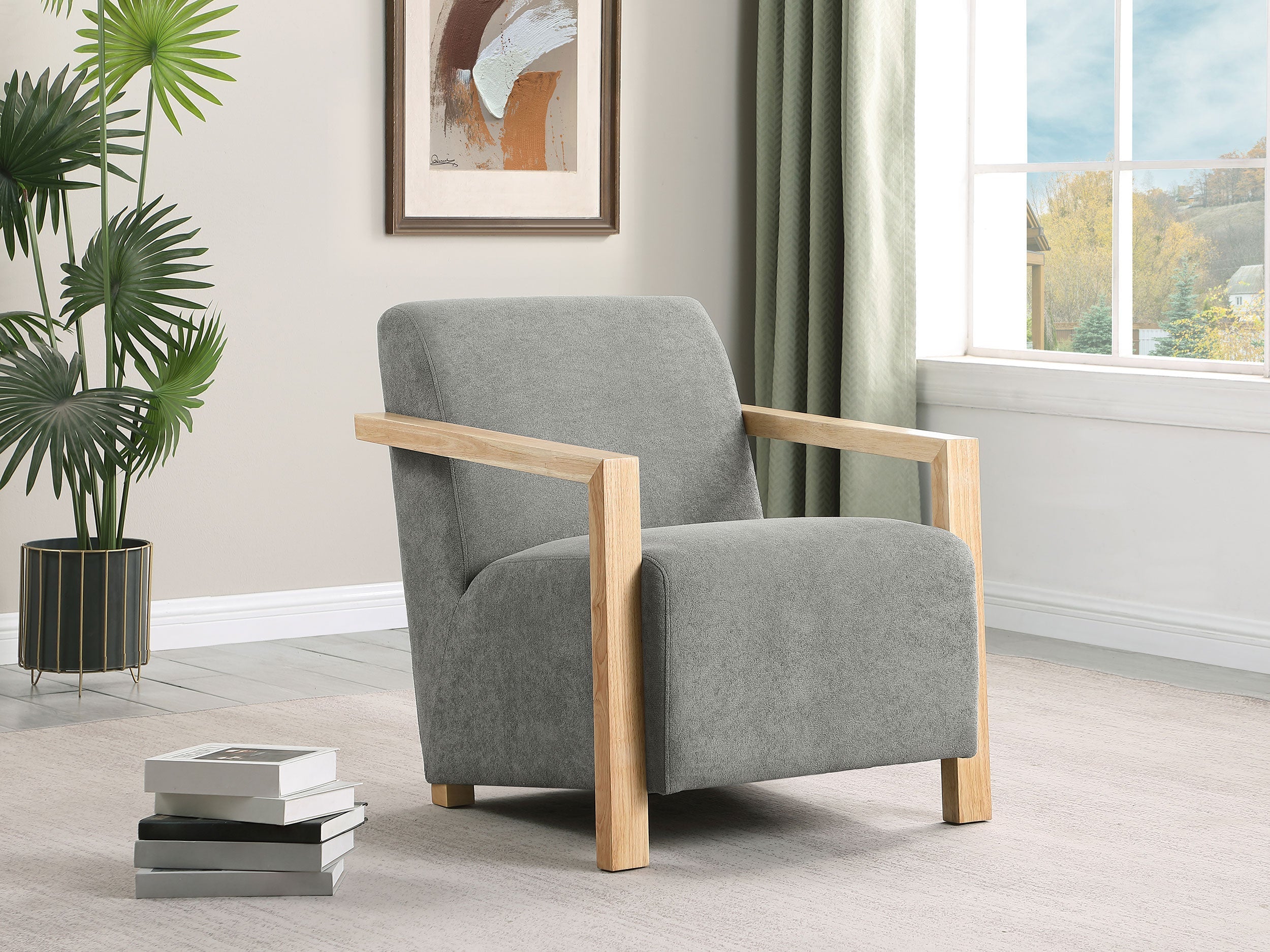 Diego Upholstered Accent Arm Chair with Wood Arms Honey