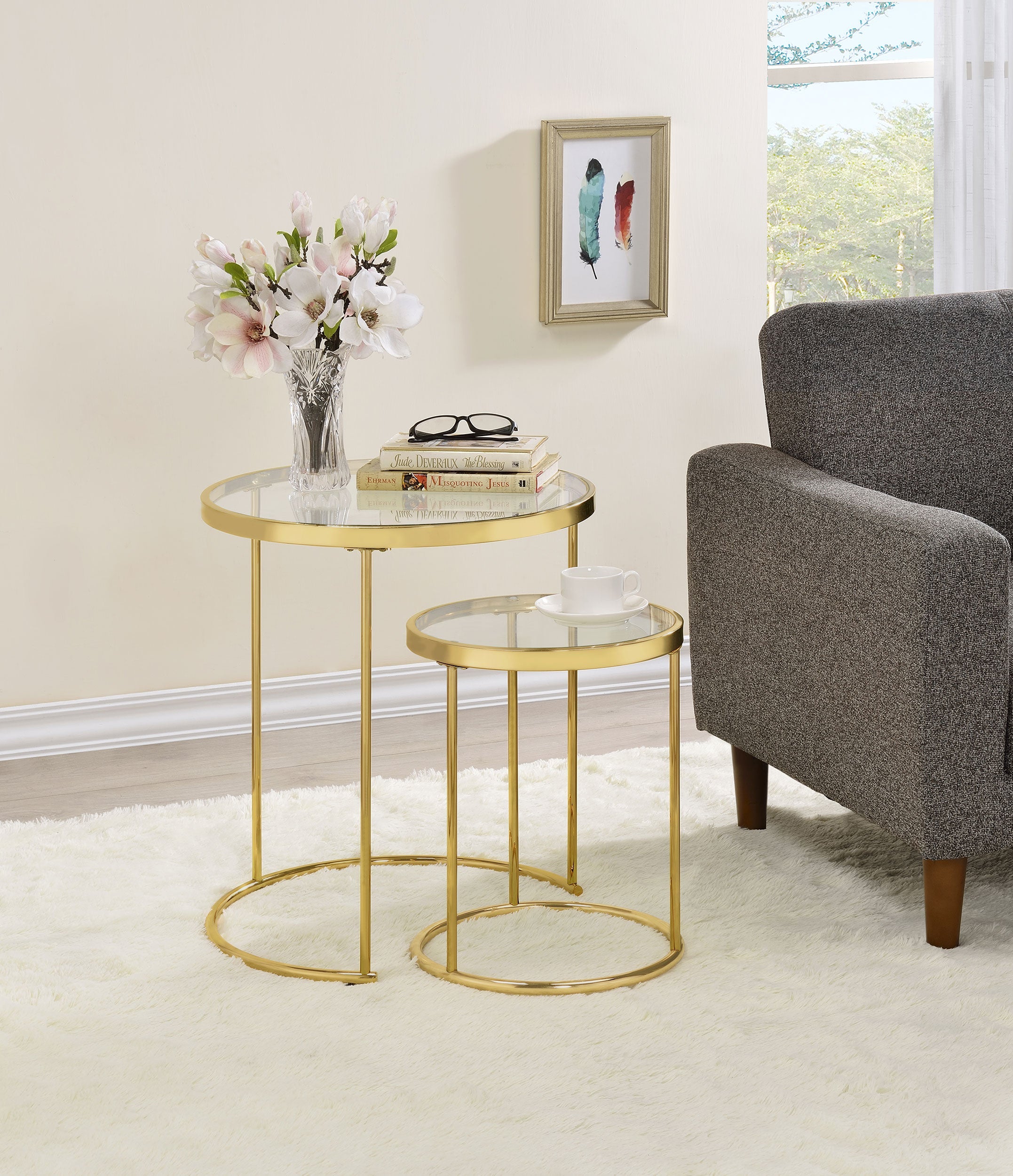 Maylin  Round Glass Top Nesting Table Set Gold