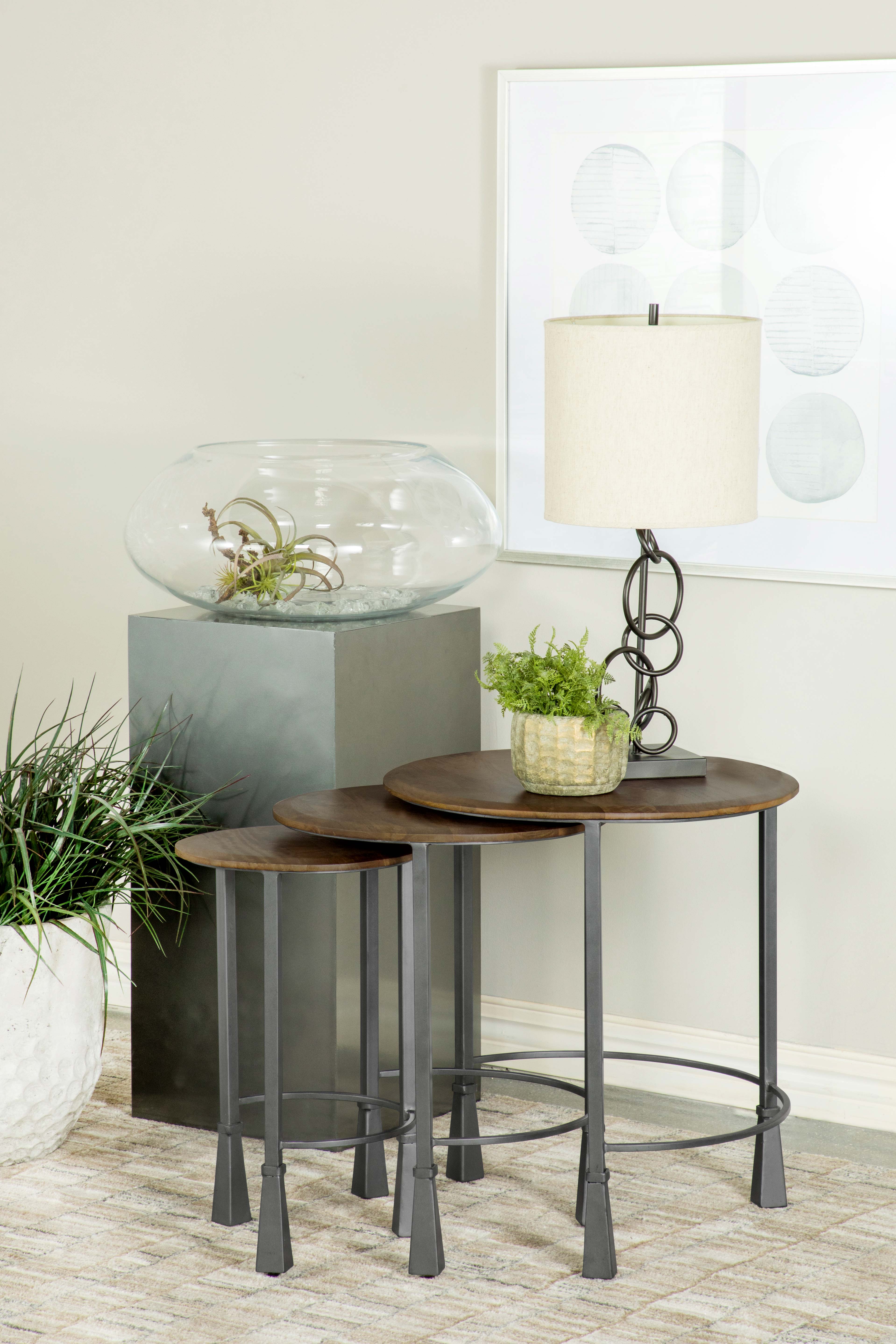 Deja  Round Nesting Table Set Natural and Gunmetal