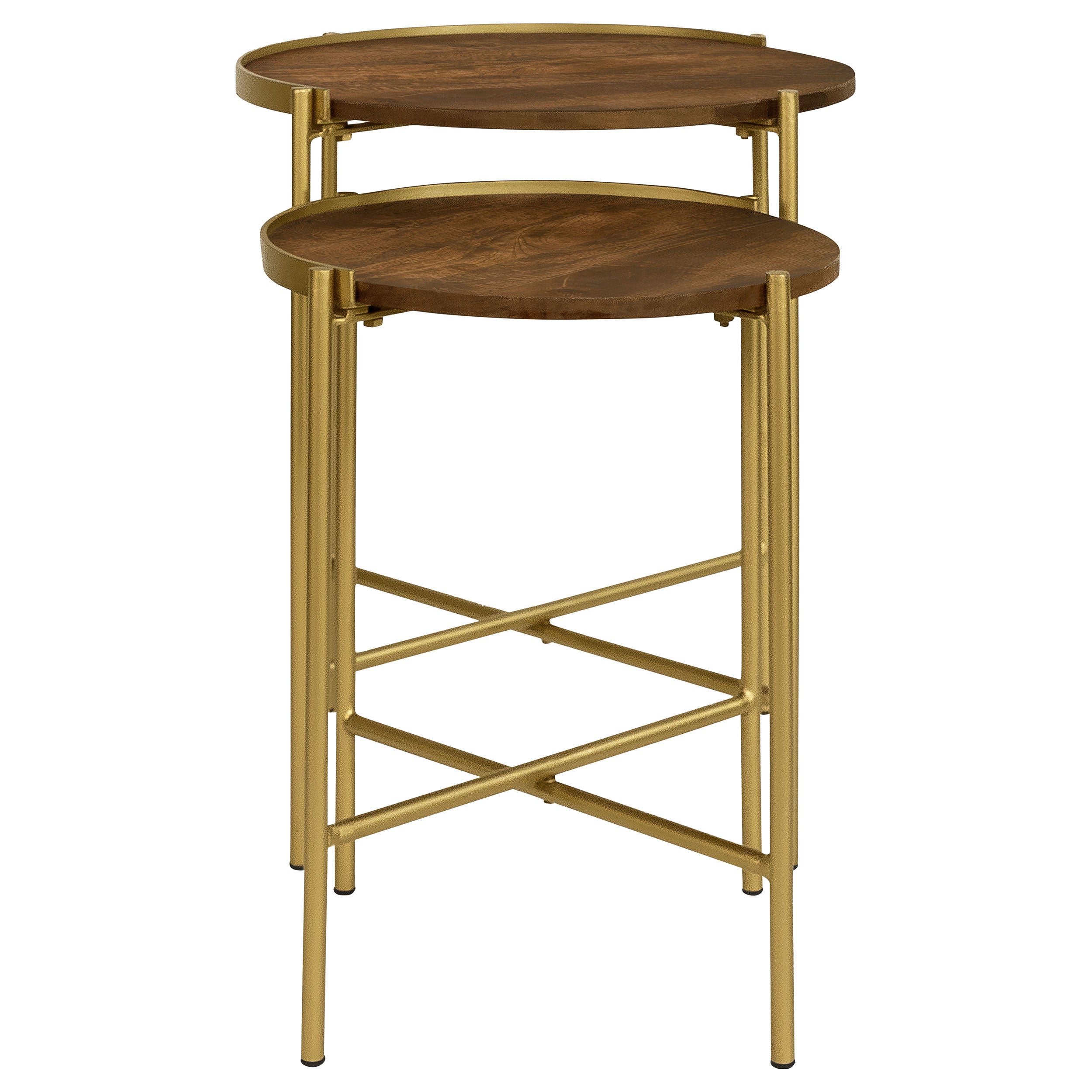 Malka  Round Wood Nesting Table Dark Brown and Gold