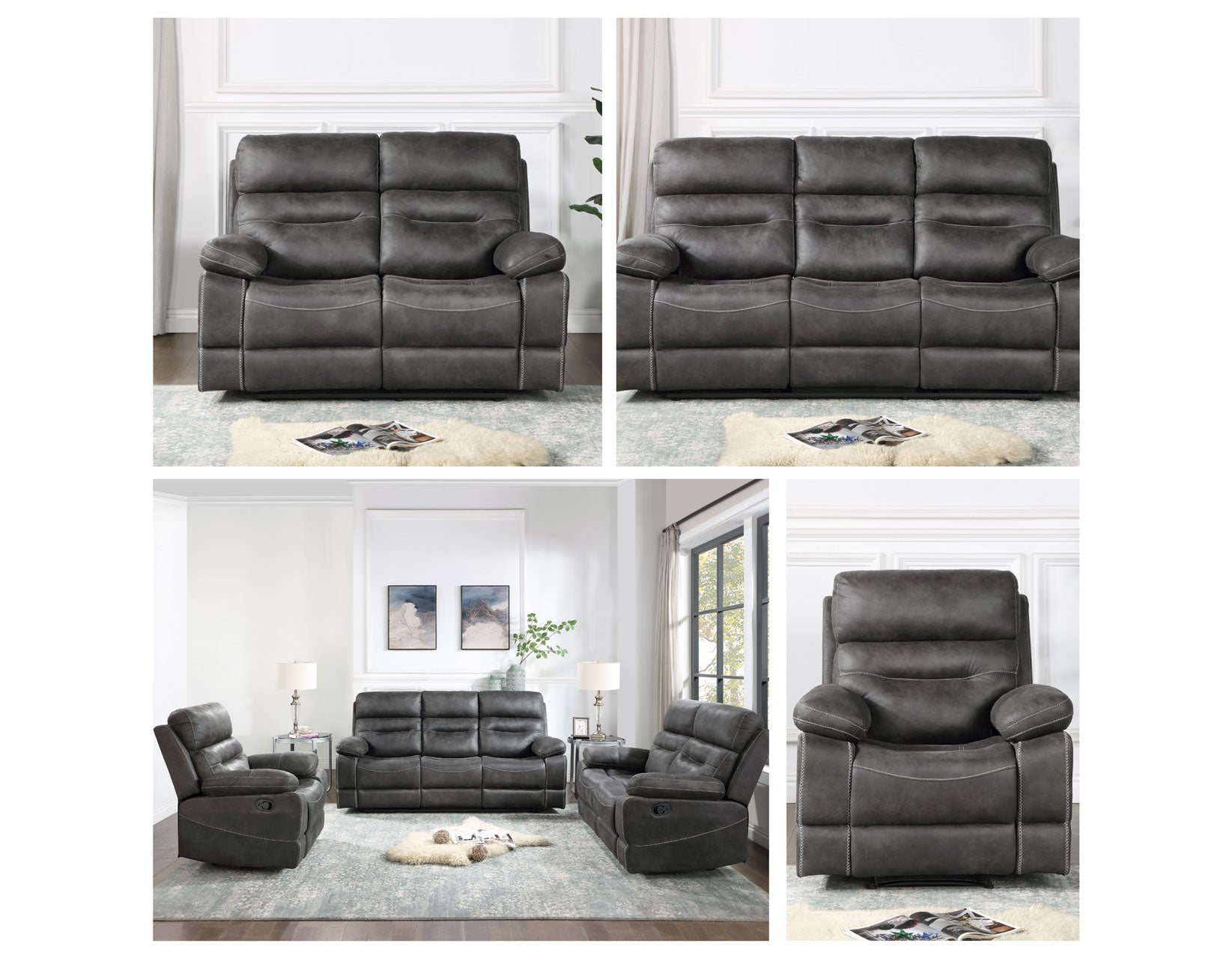 Katrine 3-Piece Manual Motion Set, Charcoal (Sofa, Loveseat & Chair)