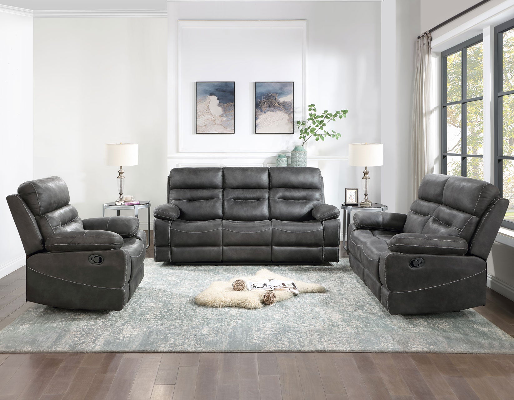 Katrine 3-Piece Manual Motion Set, Charcoal (Sofa, Loveseat & Chair)