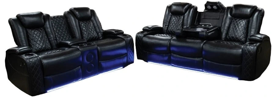 Omega Black Reclining Sofa and Loveseat with LED lights