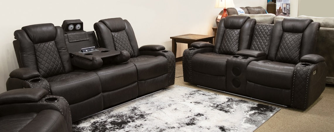 Omega Brown Power Reclining Sofa and Loveseat Set P2