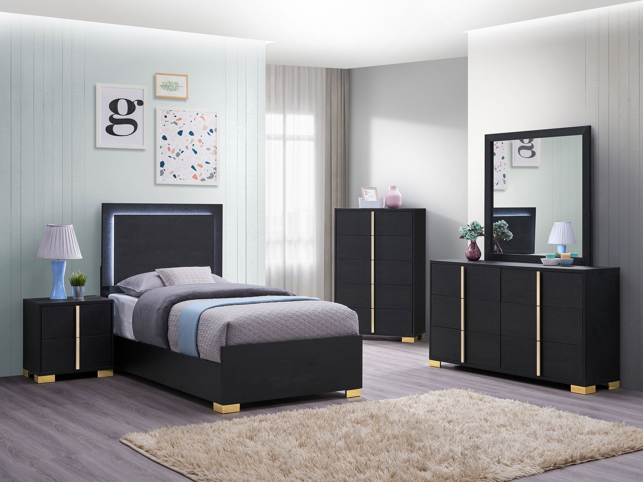 Marceline Wood  LED Panel Bed Black