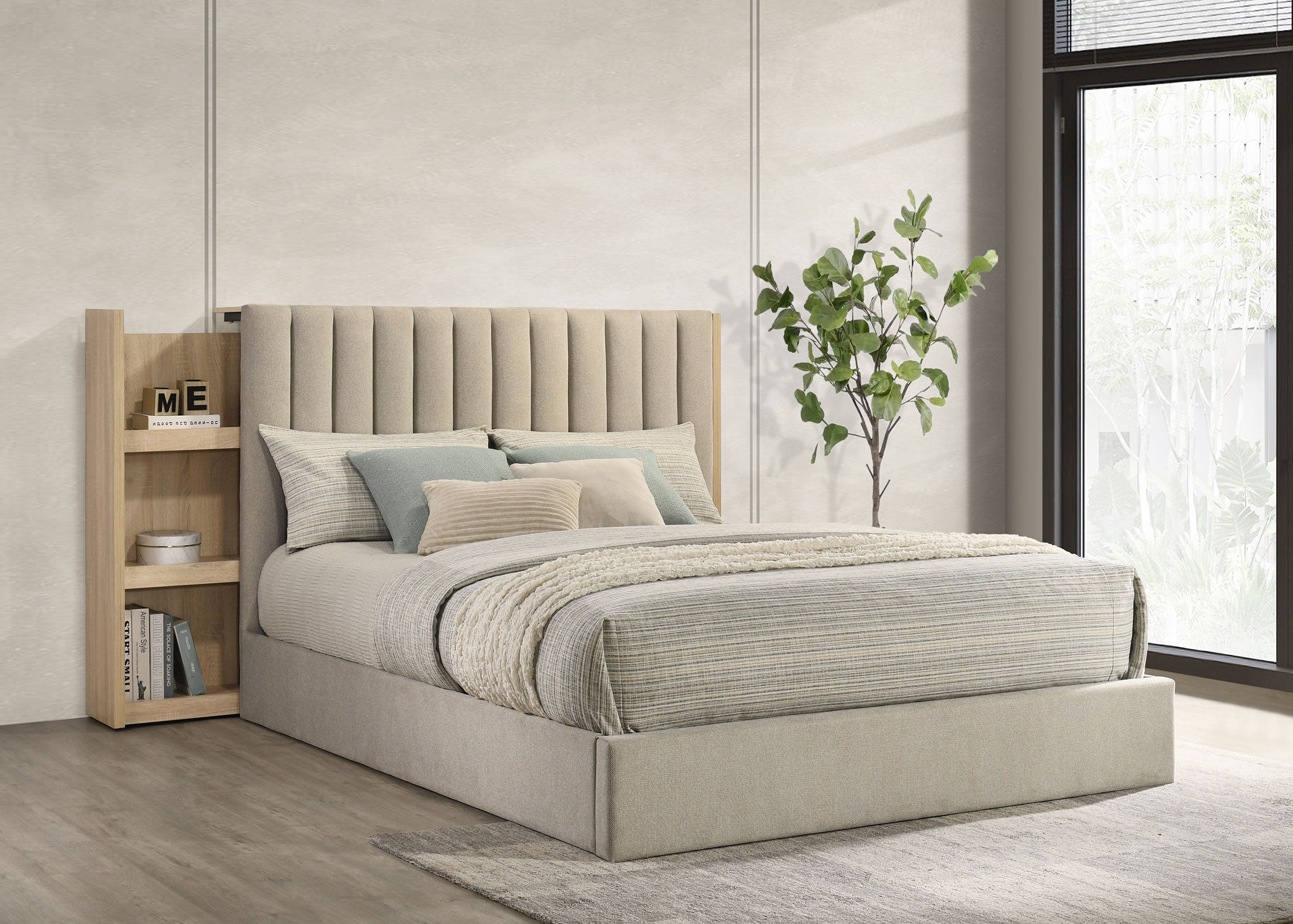 Arielle  Bookcase Panel Storage Bed Light Oak