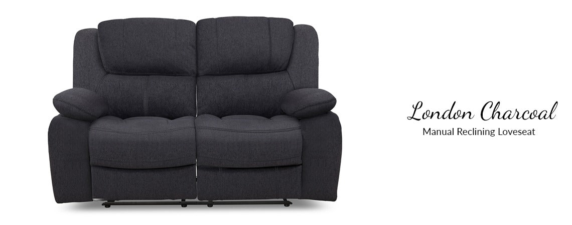 London Charcoal Reclining Sofa and Loveseat Set, gray fabric
