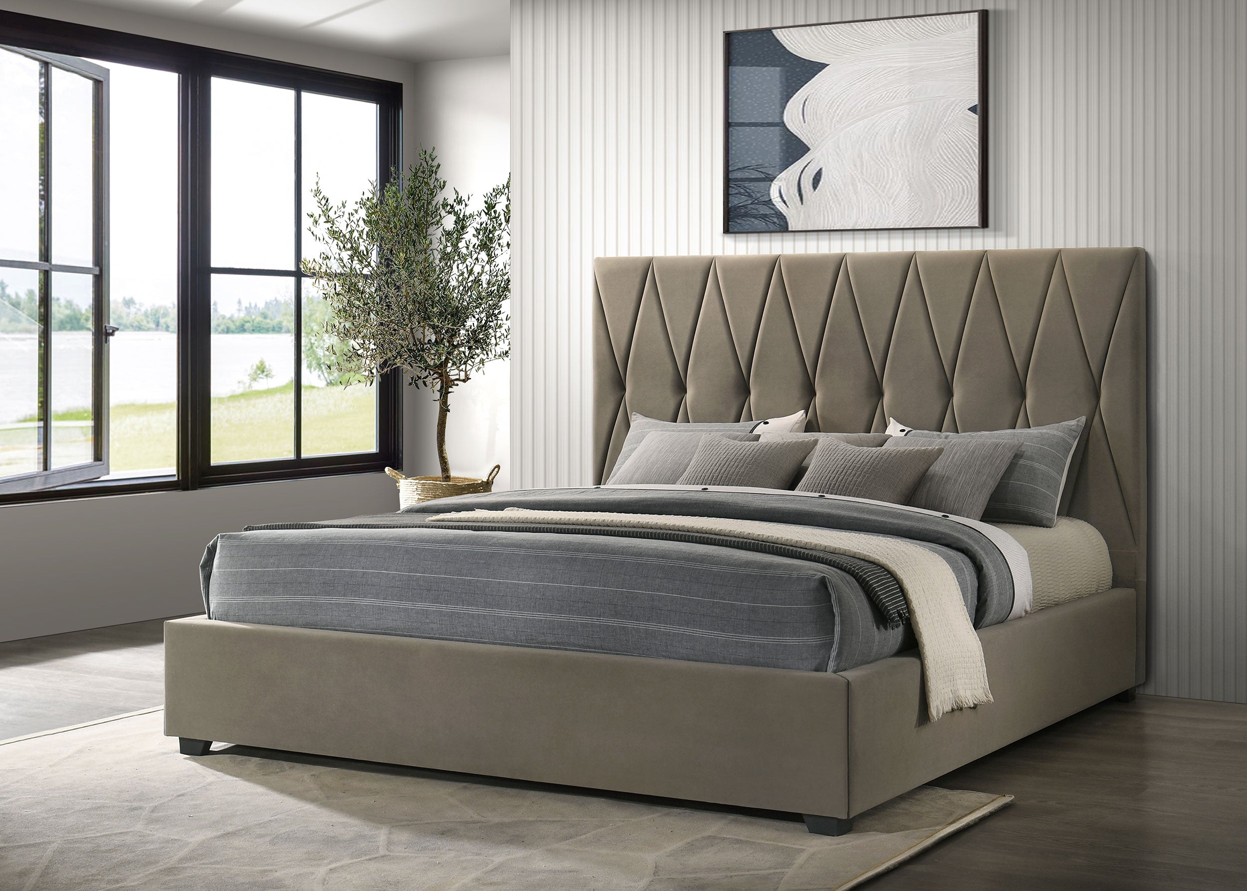 Delsea Upholstered Queen Panel Platform Bed Light Brown