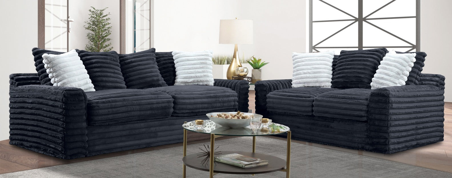 Jenna Onyx Sofa and Loveseat Black Corduroy Set