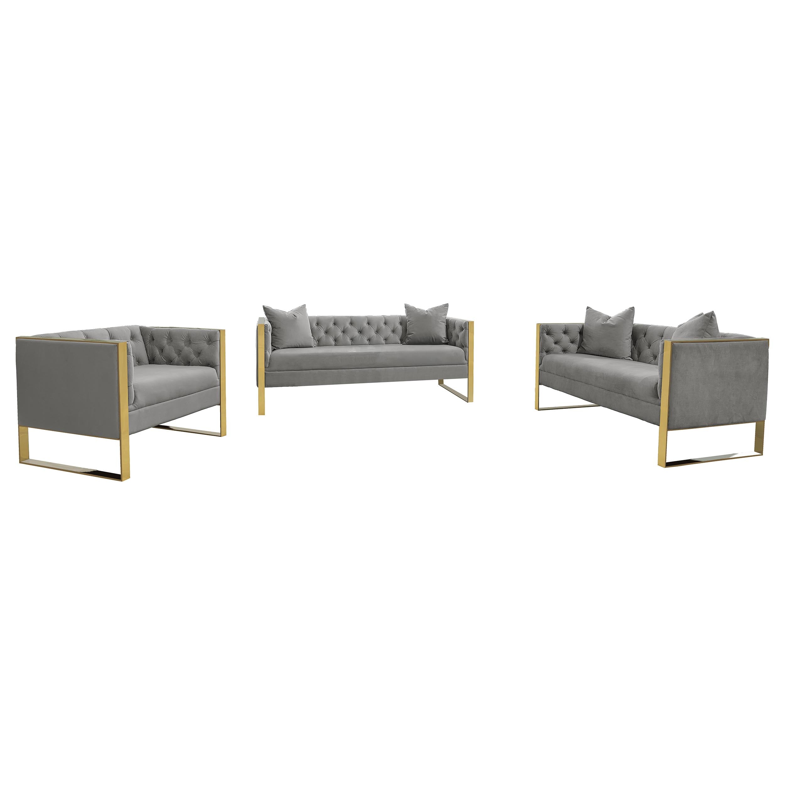 Eastbrook Velvet Upholstered Tufted Sofa Set Grey
