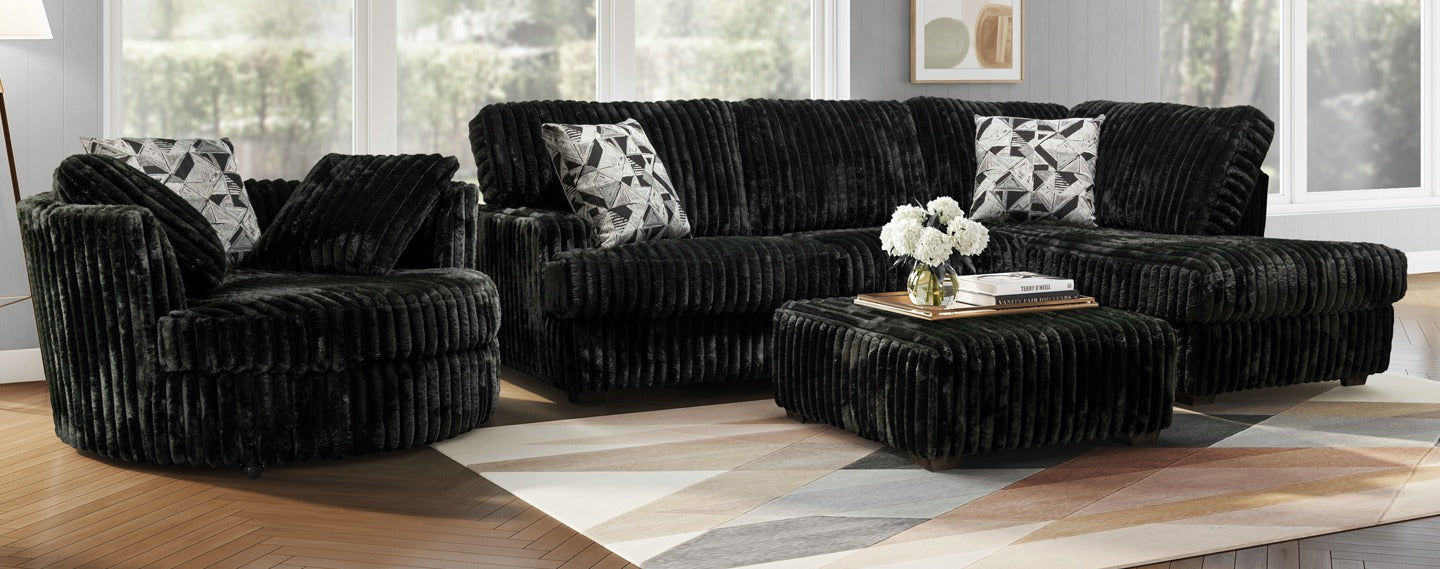 Galactic Ebony 2pc Sectional Sofa, Black Corduroy
