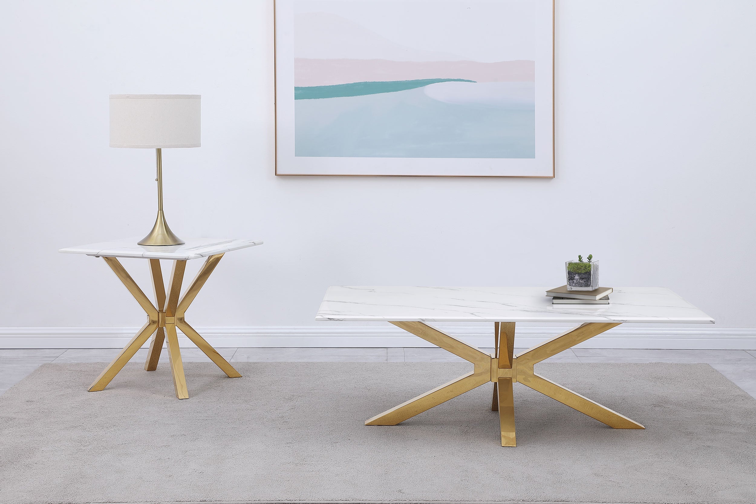 Visalia  Faux Marble Coffee and End Table Set White