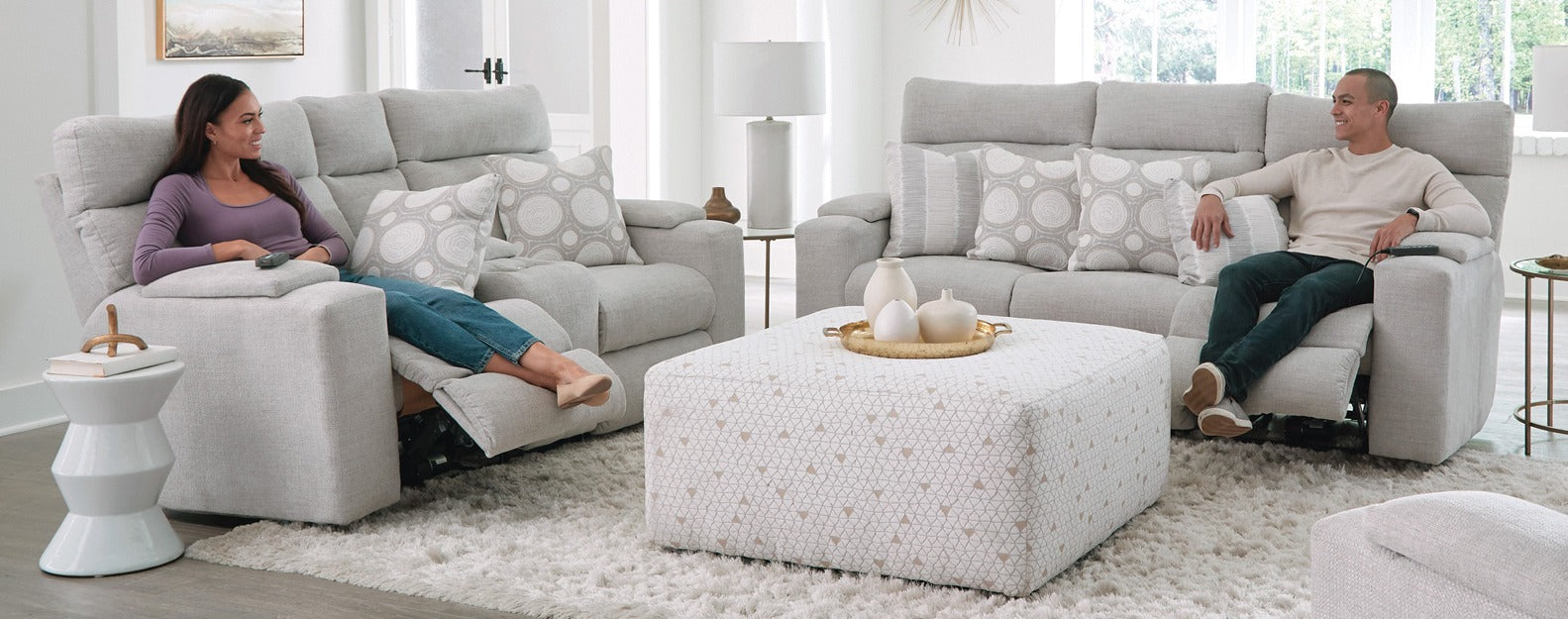 Sanctuary Winter Power Reclining Sofa and Loveseat set with massage, hear, adjustable lumbar and headrest