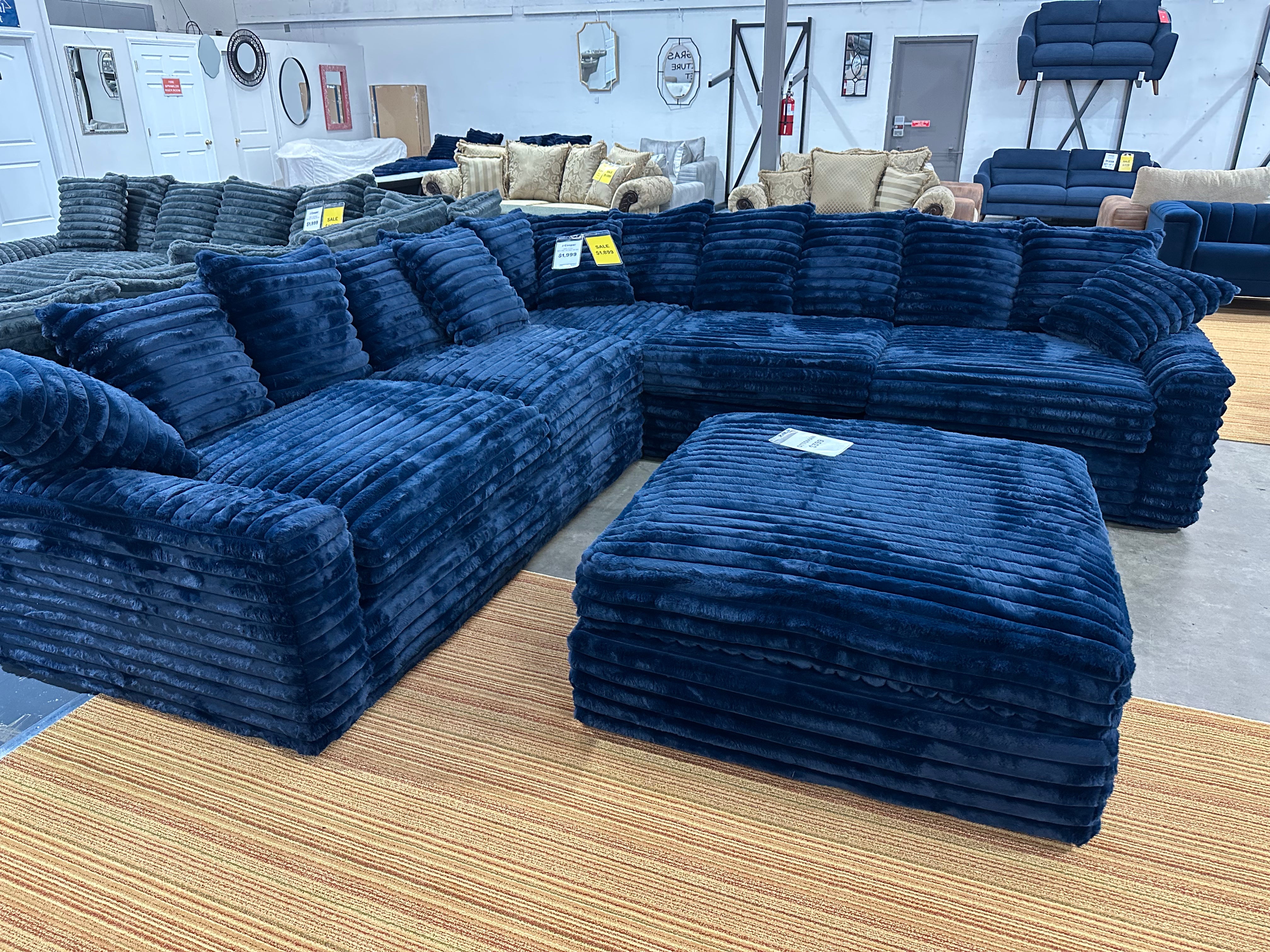 Julia Blue Corduroy 3 Piece Sectional With Ottoman