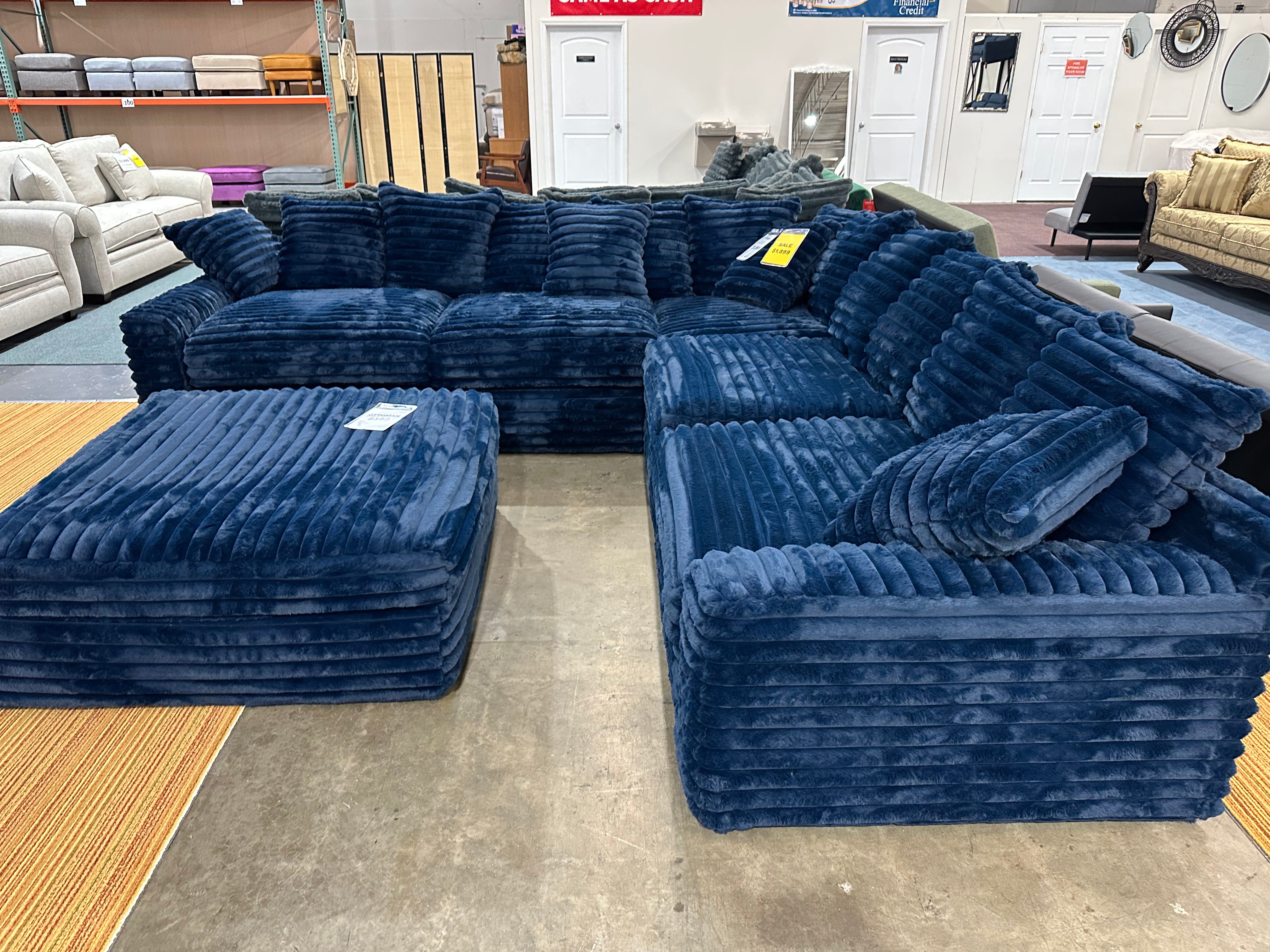 Julia Blue Corduroy 3 Piece Sectional With Ottoman