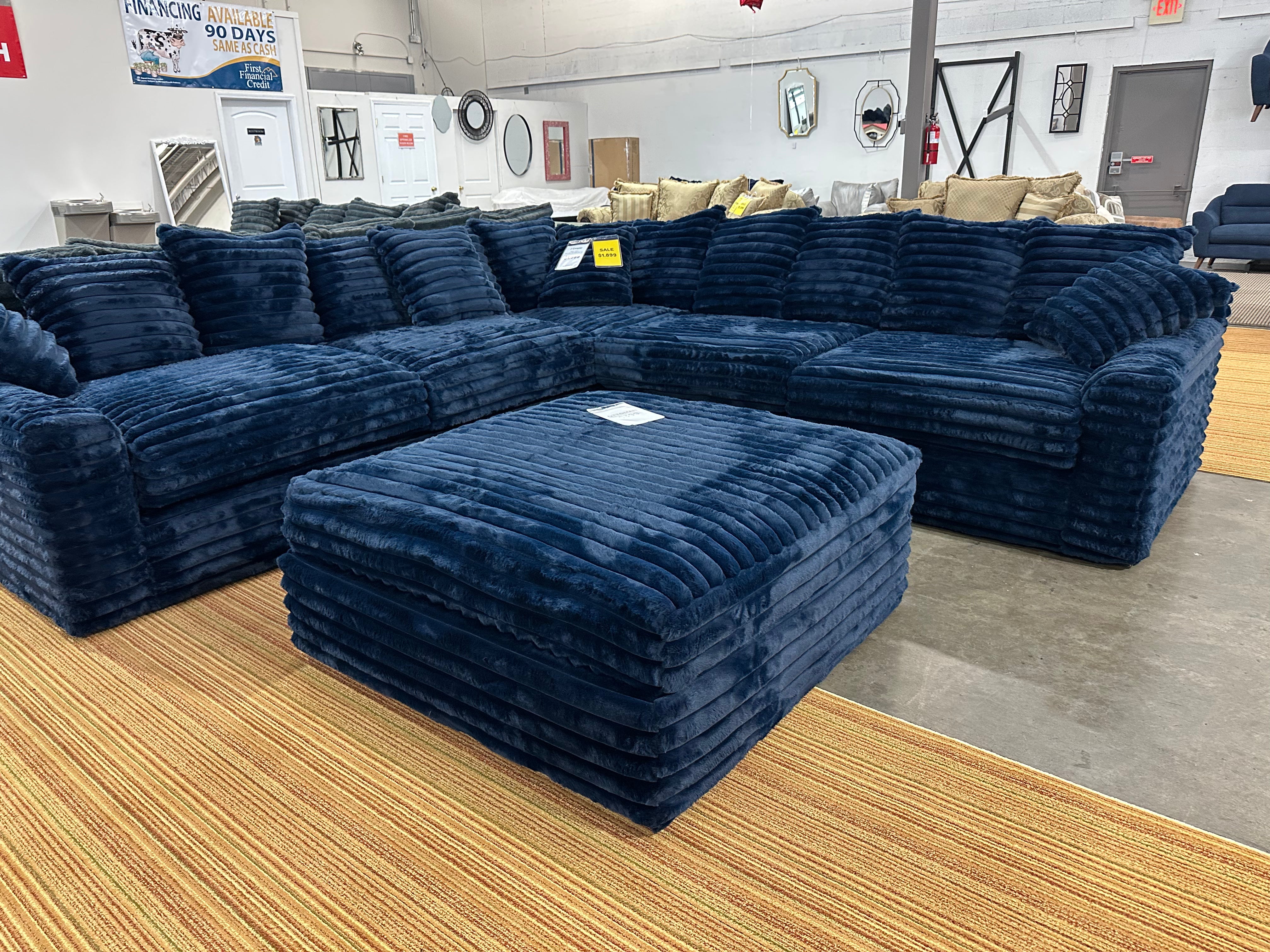 Julia Blue Corduroy 3 Piece Sectional With Ottoman