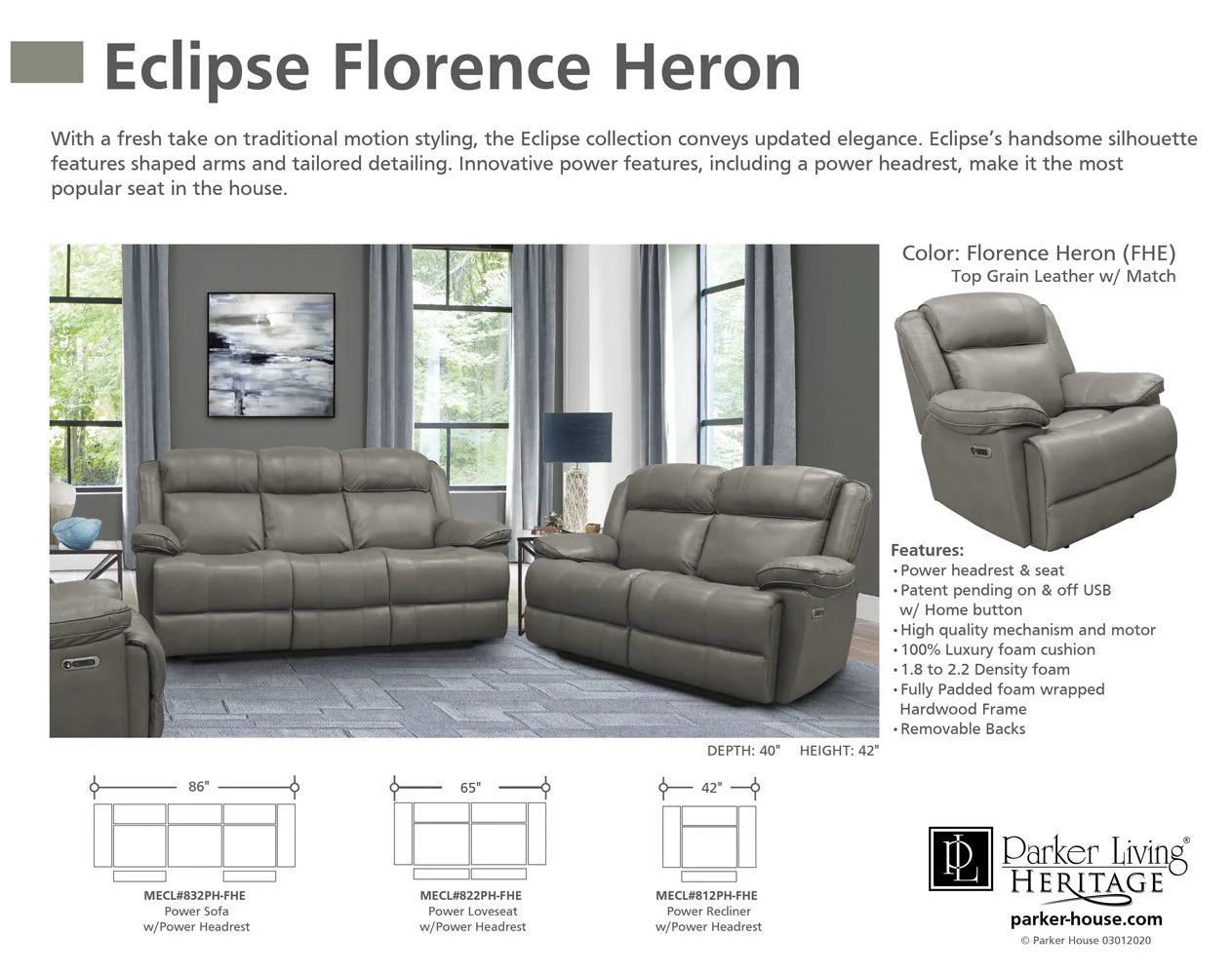 Eclipse Power Reclining Sofa P2 - Florence Heron Genuine Leather