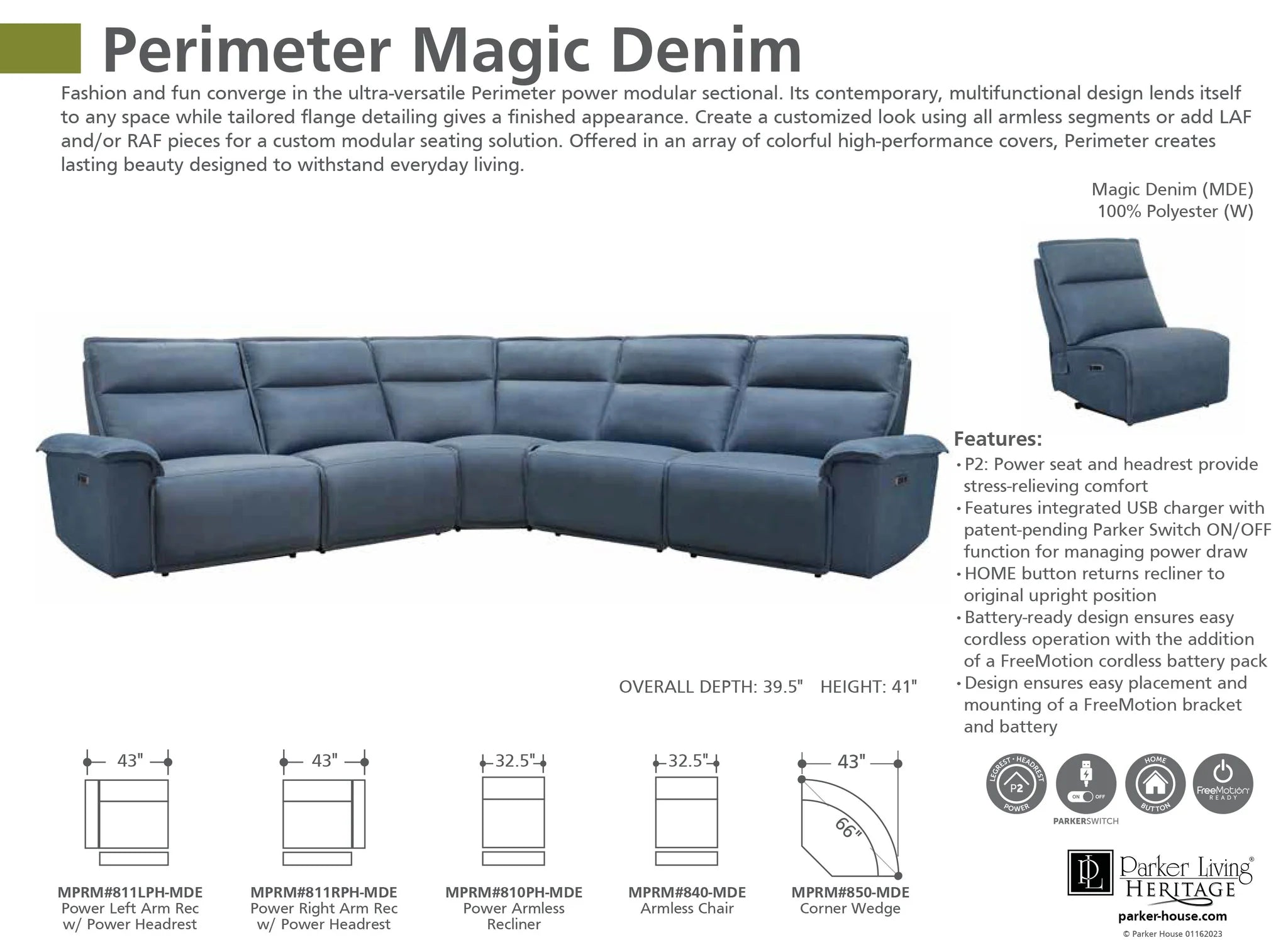 Premier 5pc Modular Power Reclining Sectional Sofa - Magic Denim