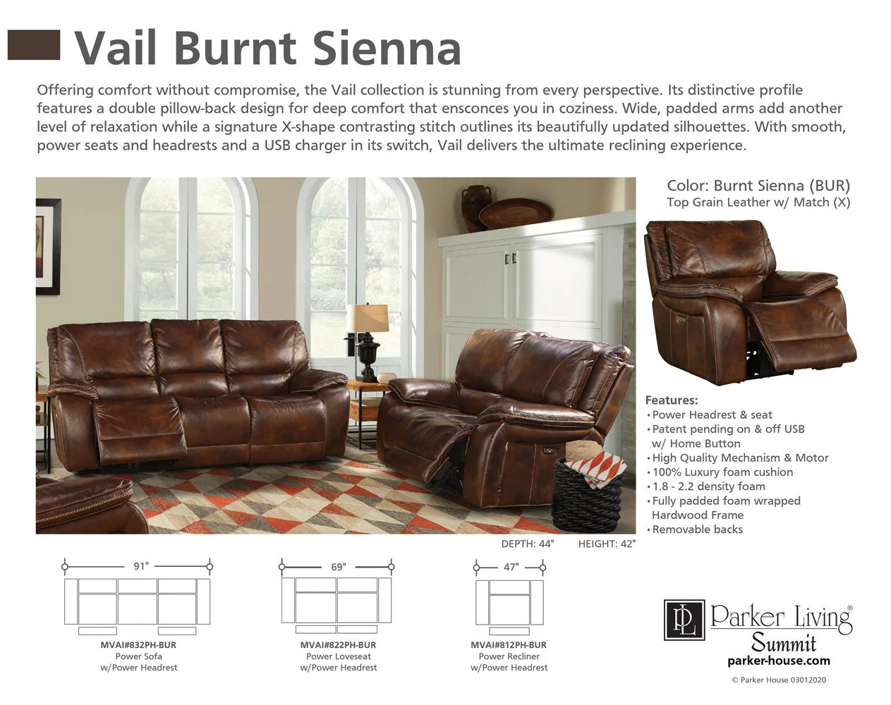 Vail Power Reclining Sofa and Loveseat - Burnt Sienna Genuine Leather