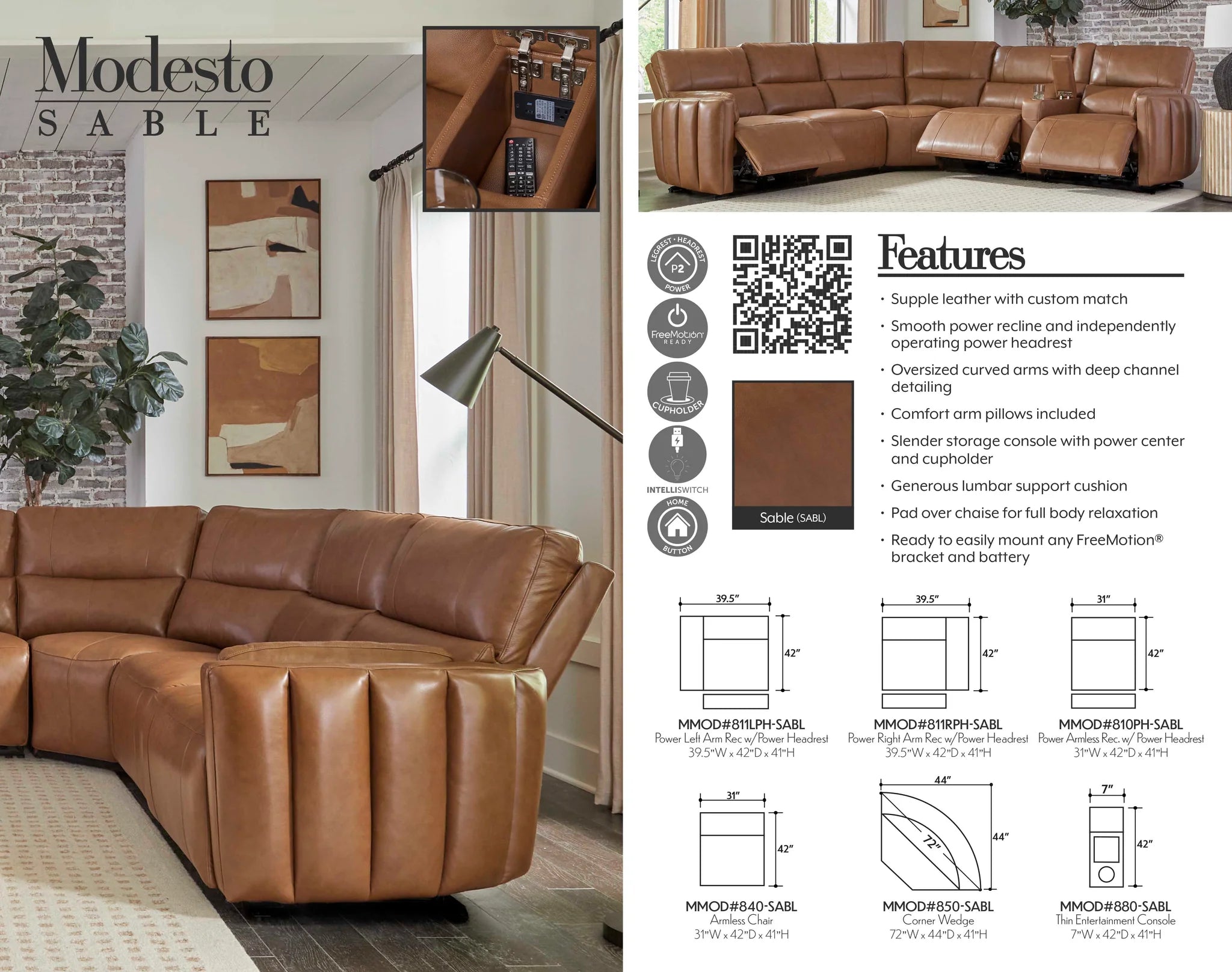Monroe 7pc Modular Power Reclining Sectional With Power Adjustable Headrests - Caramel