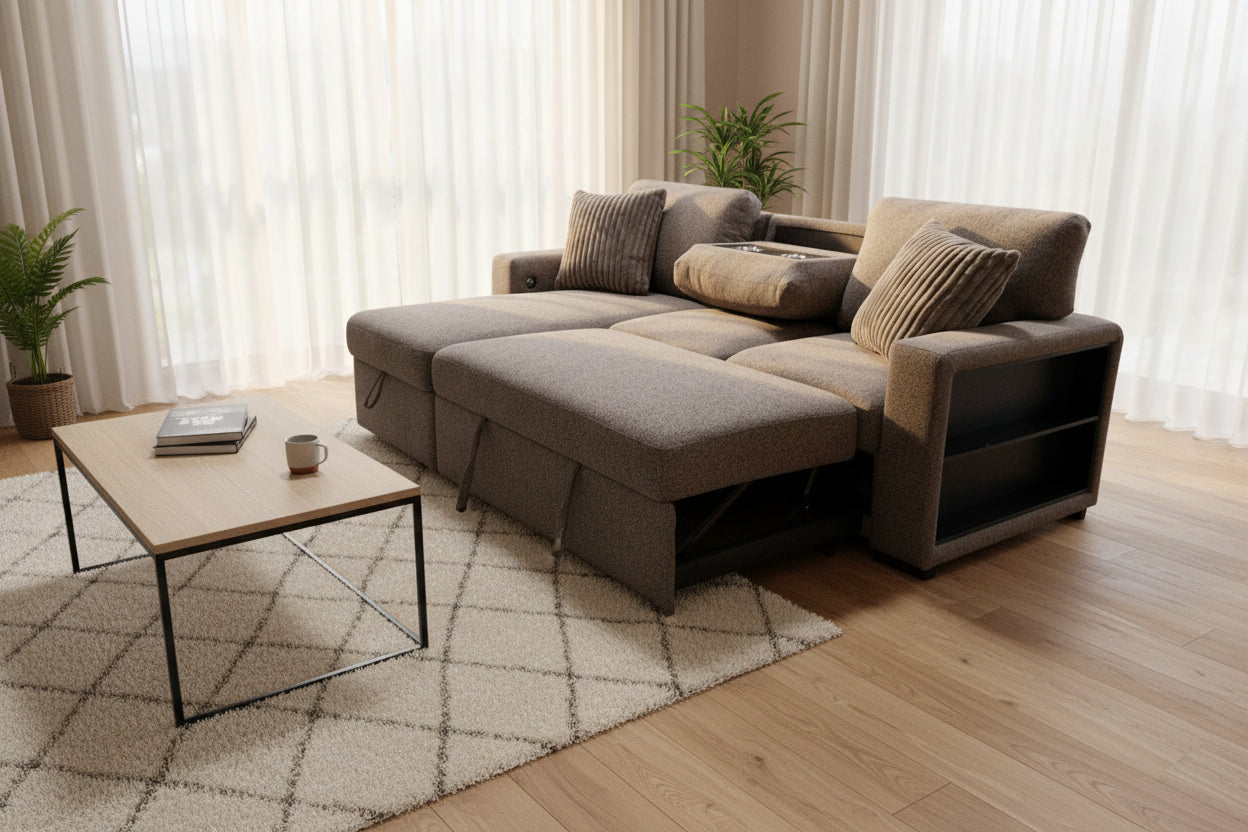 Hopkins Chocolate Sleeper Sectional Sofa with Storage Chaise